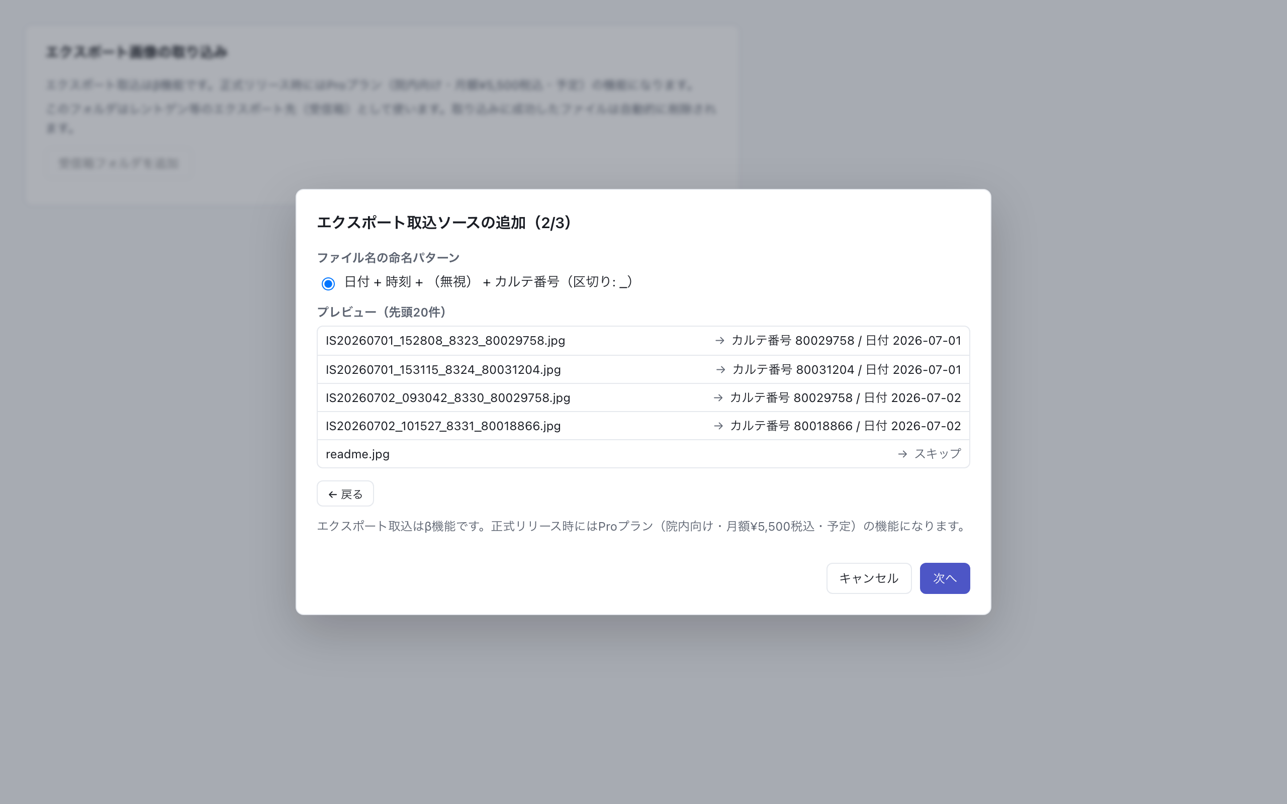 エクスポート取込ソースの追加ウィザード(2/3・ファイル名パターンとプレビュー)