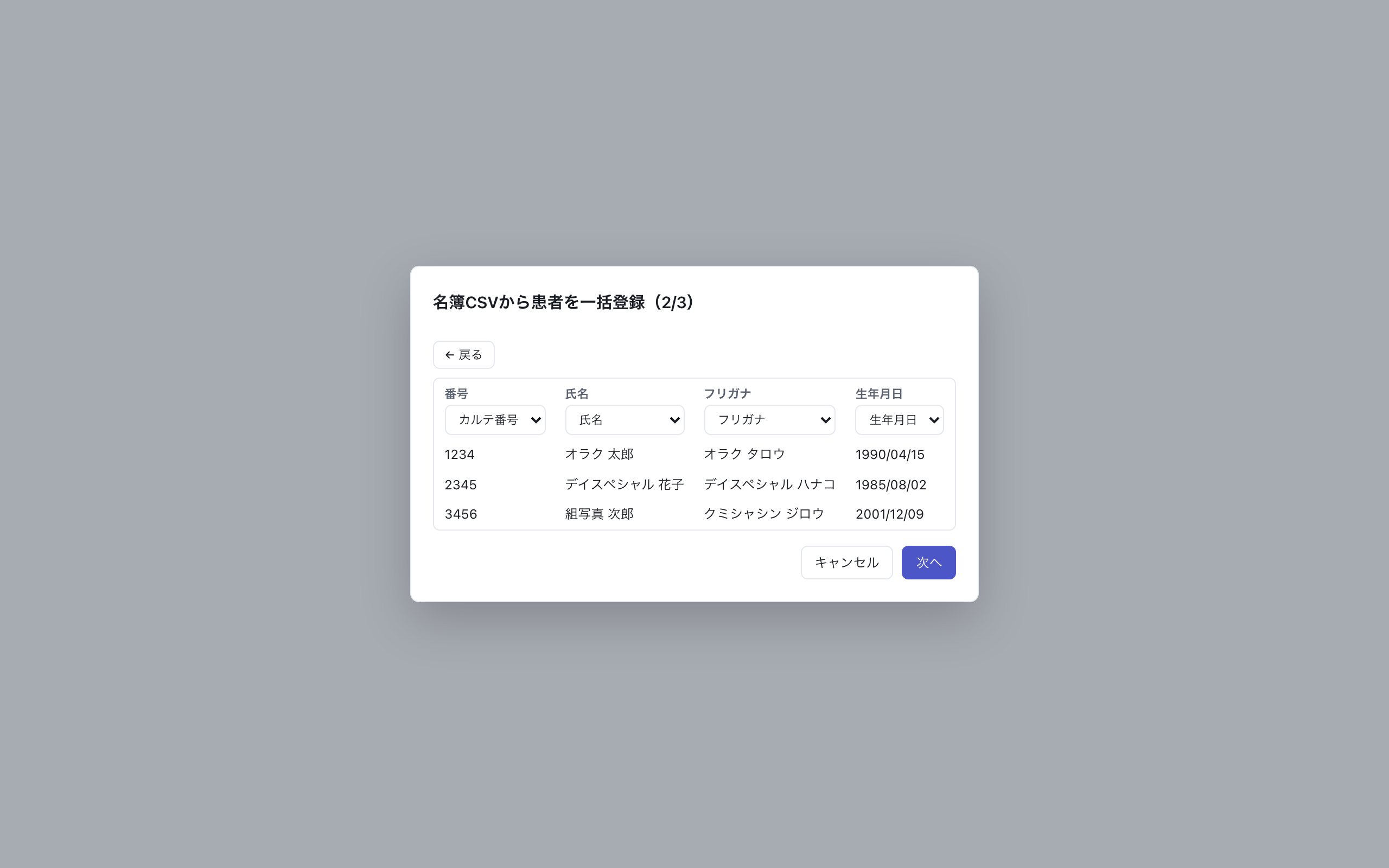 名簿CSVから患者を一括登録（2/3）。各列にカルテ番号・氏名などの役割を割り当てるプレビュー表