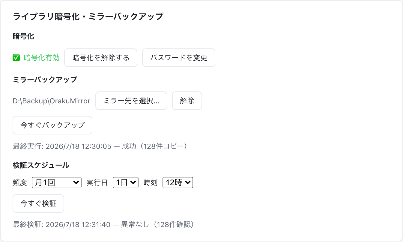 設定画面の検証スケジュール（頻度・実行日・時刻）と最終検証の結果表示